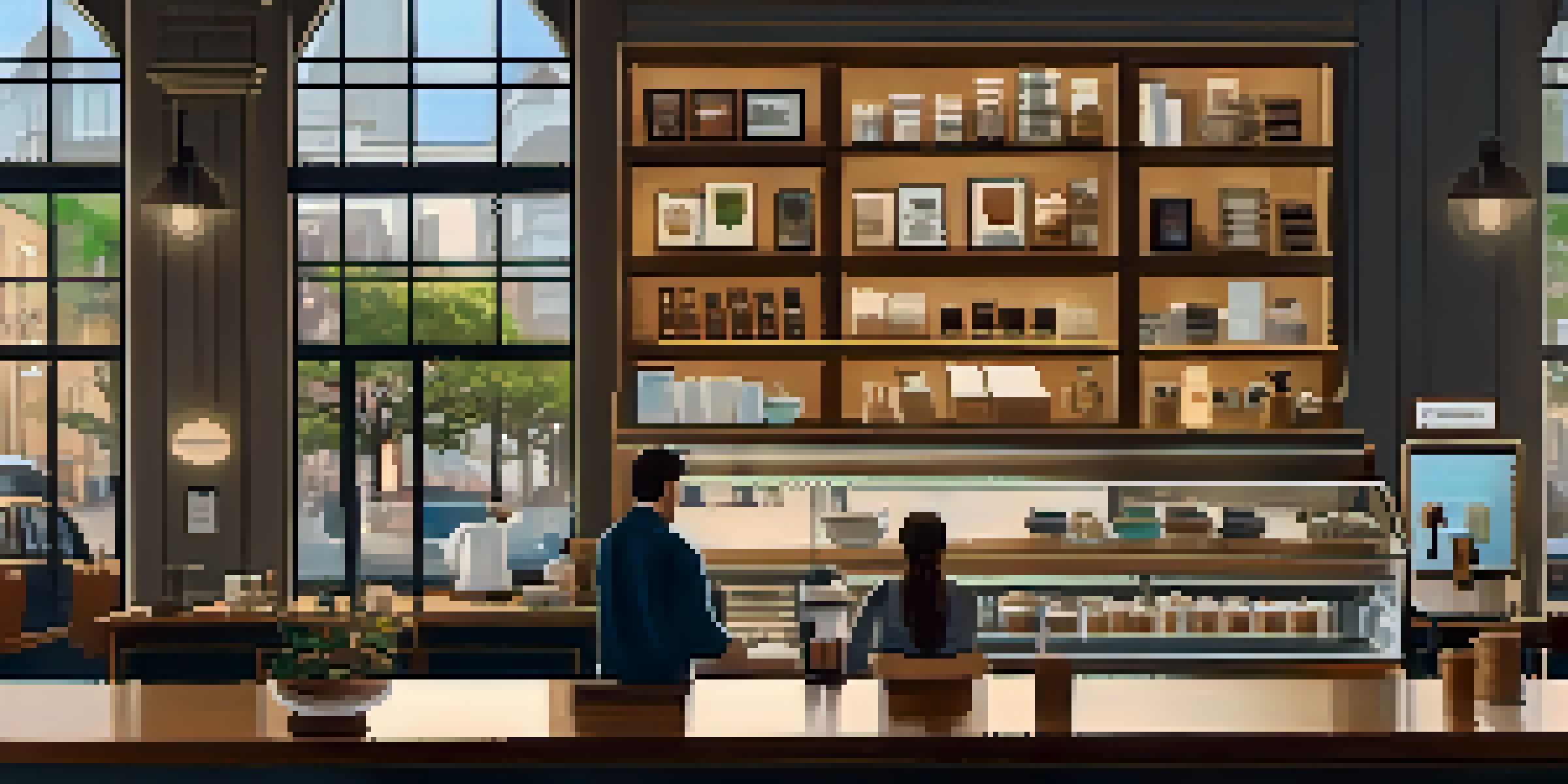 A cozy coffee shop interior with wooden furniture, warm lighting, and a barista preparing coffee, highlighting a welcoming environment.