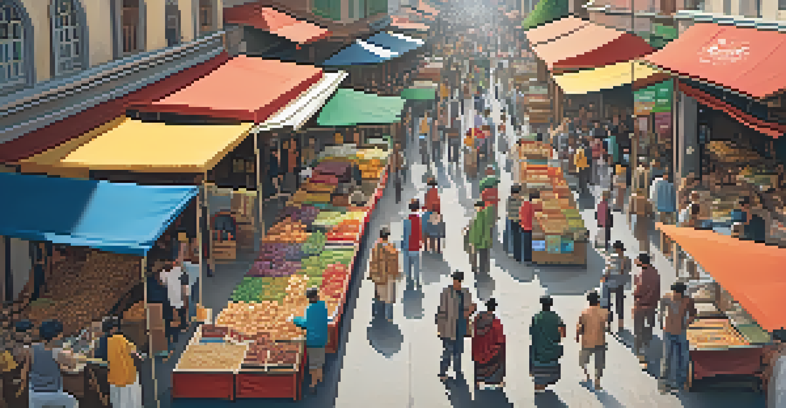 A vibrant marketplace filled with various stalls, shoppers interacting with vendors, and a street musician, showcasing a lively community scene.