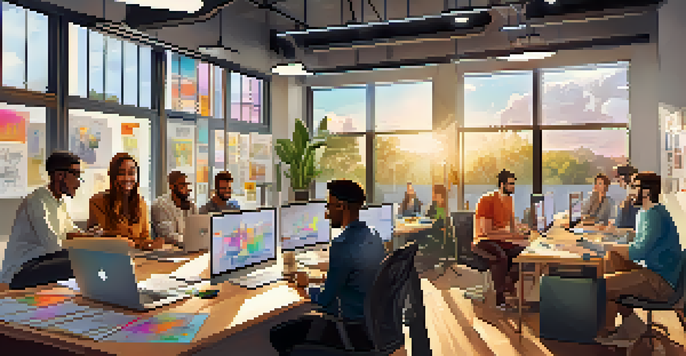 A lively startup office with diverse entrepreneurs working together at a large table, surrounded by colorful art and bright sunlight.