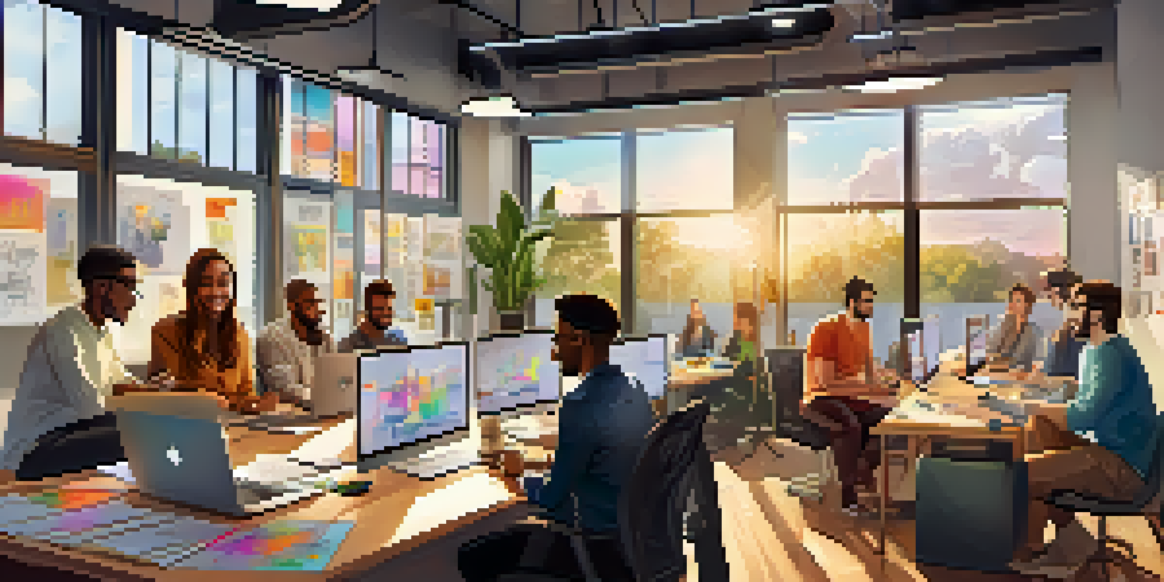 A lively startup office with diverse entrepreneurs working together at a large table, surrounded by colorful art and bright sunlight.
