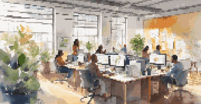 A bright and lively open office with diverse employees working together on creative projects, surrounded by art and plants.