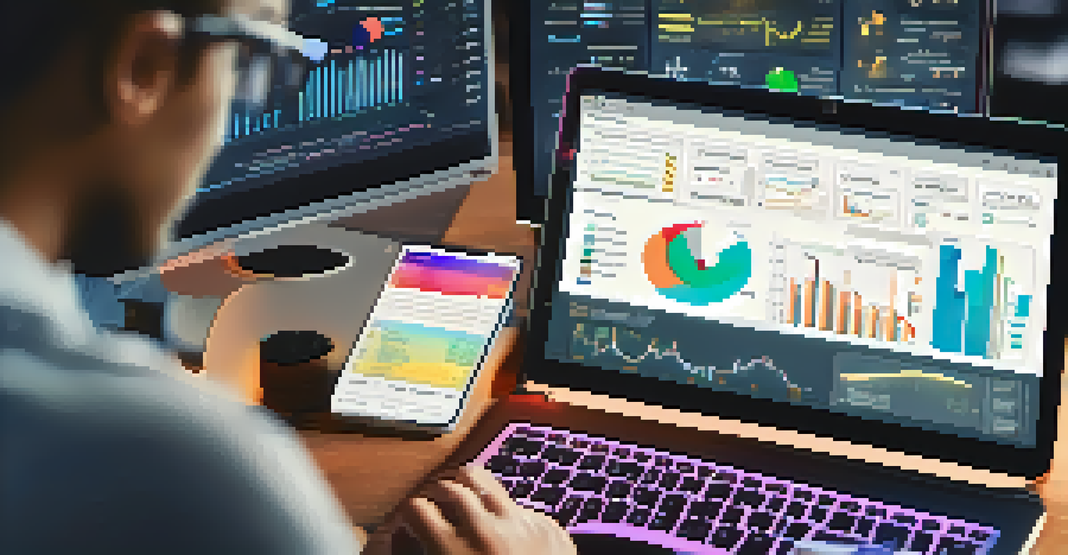 A close-up view of a laptop displaying colorful business metrics on a digital dashboard, with a notepad and pen in the background.