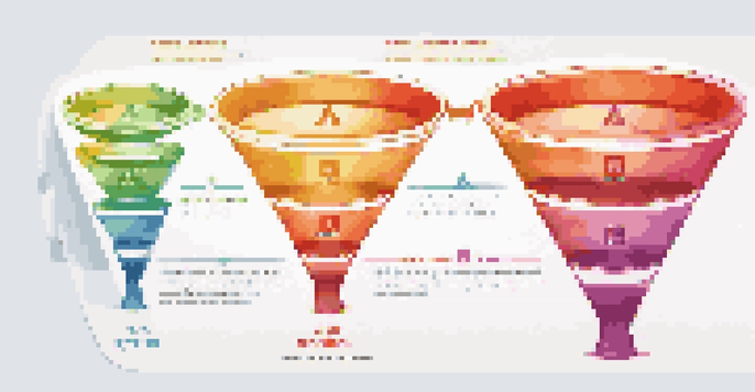 A detailed sales funnel diagram illustrating various stages, with colorful icons and a gradient background.
