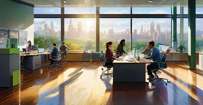 A bright, modern office with diverse employees collaborating at a table, surrounded by technology and natural light.