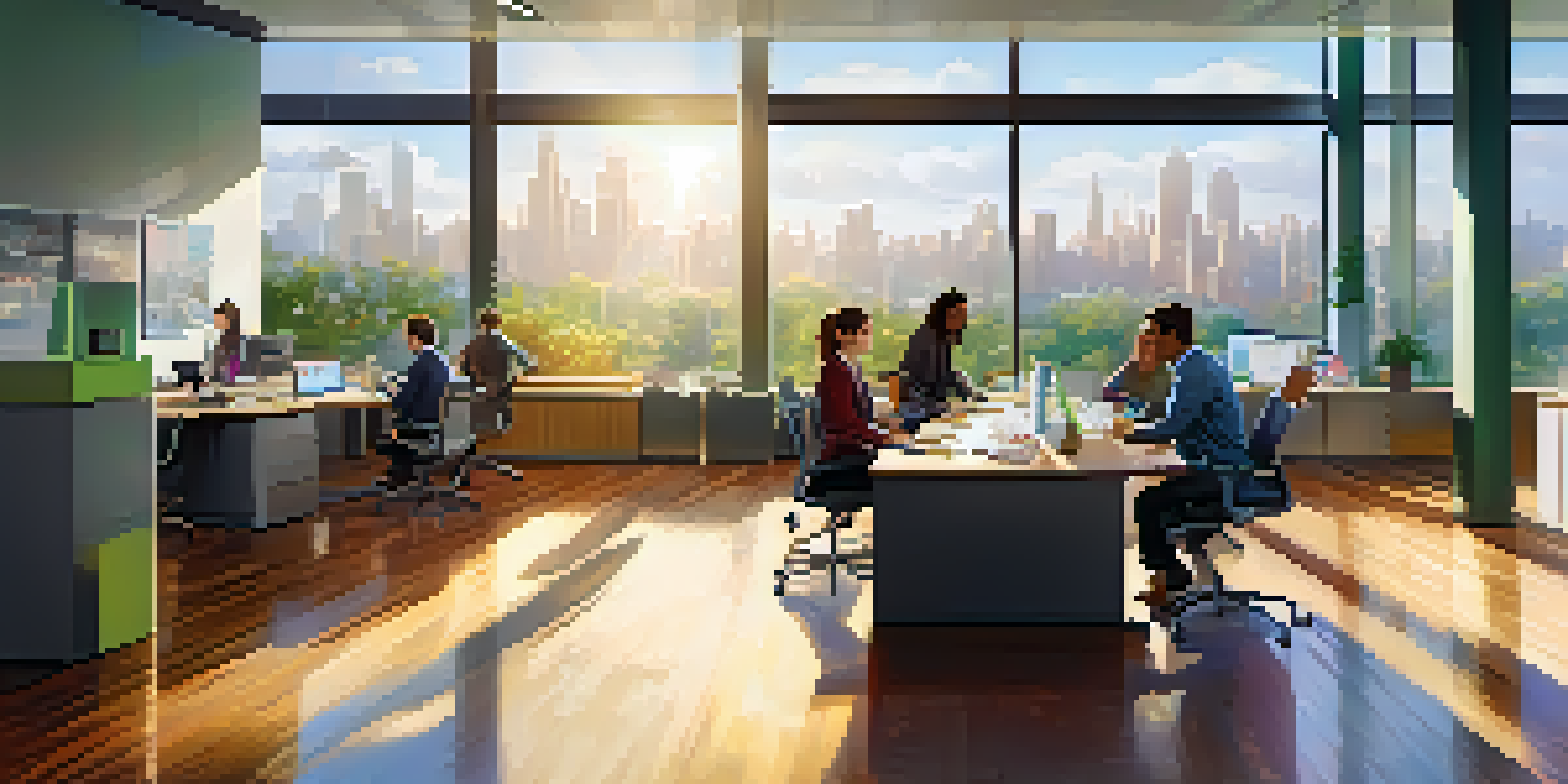 A bright, modern office with diverse employees collaborating at a table, surrounded by technology and natural light.