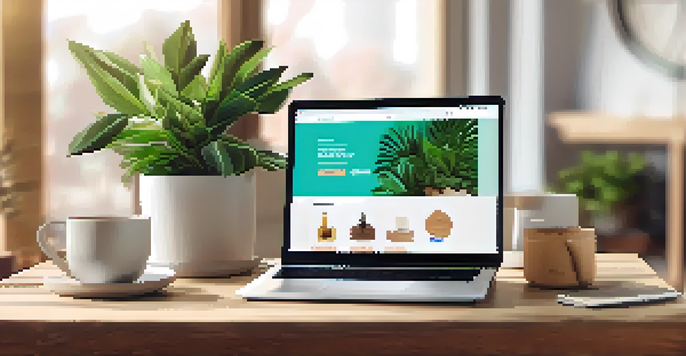 A laptop showing a colorful e-commerce website interface on a wooden desk, with a plant and coffee cup beside it.