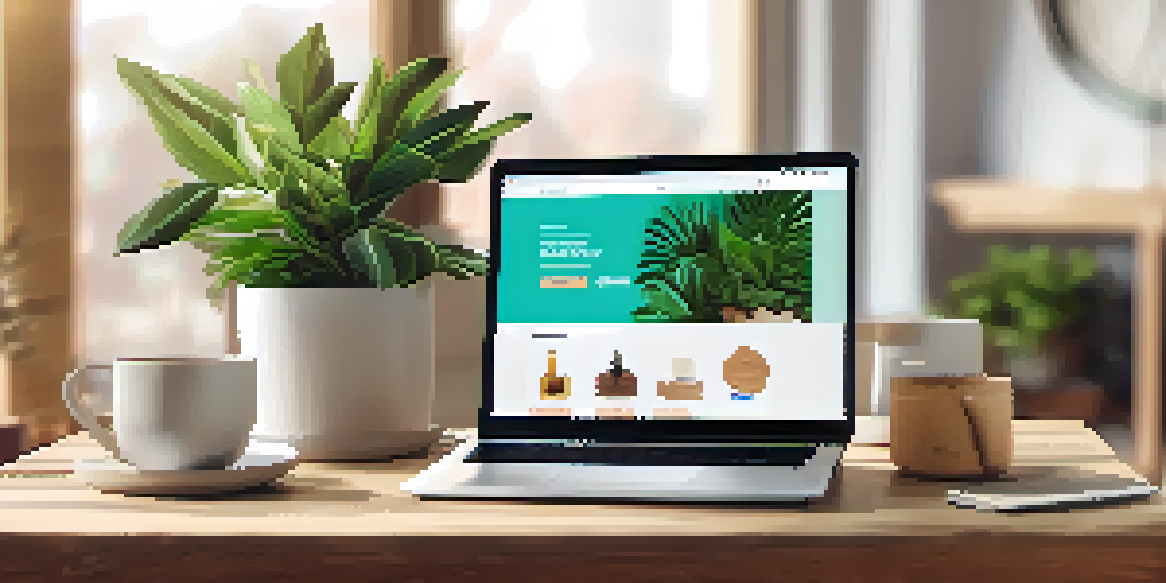 A laptop showing a colorful e-commerce website interface on a wooden desk, with a plant and coffee cup beside it.