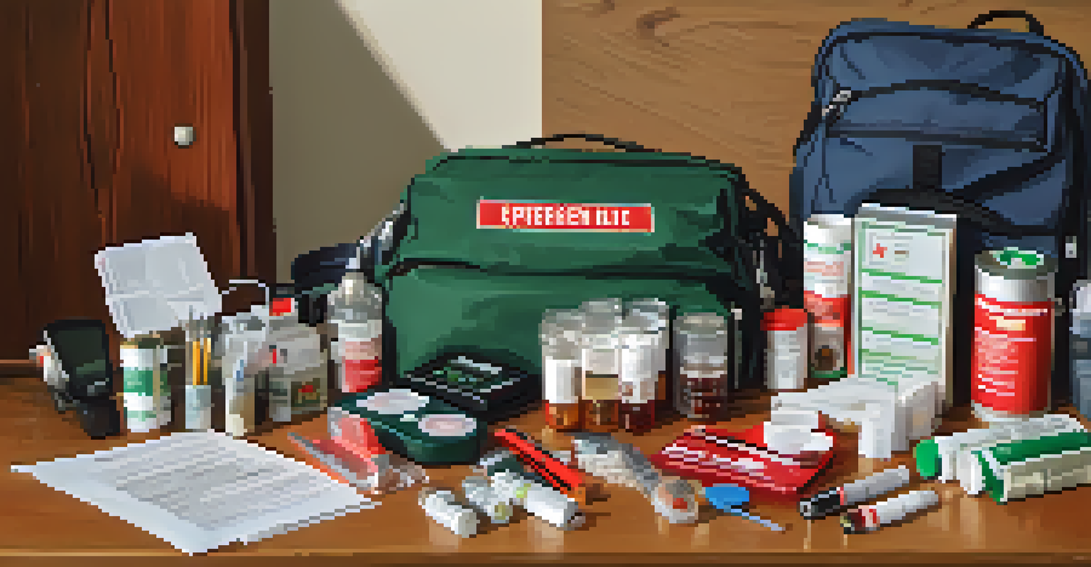 An emergency preparedness kit filled with essential items displayed on a wooden table in a cozy living room.