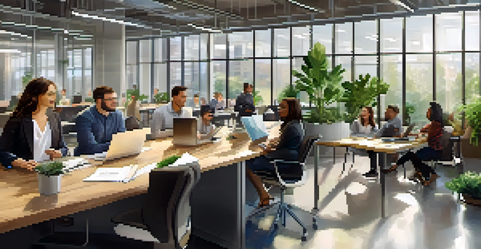 A diverse group of employees in a modern office engaging in open communication, with bright natural light and a collaborative atmosphere.