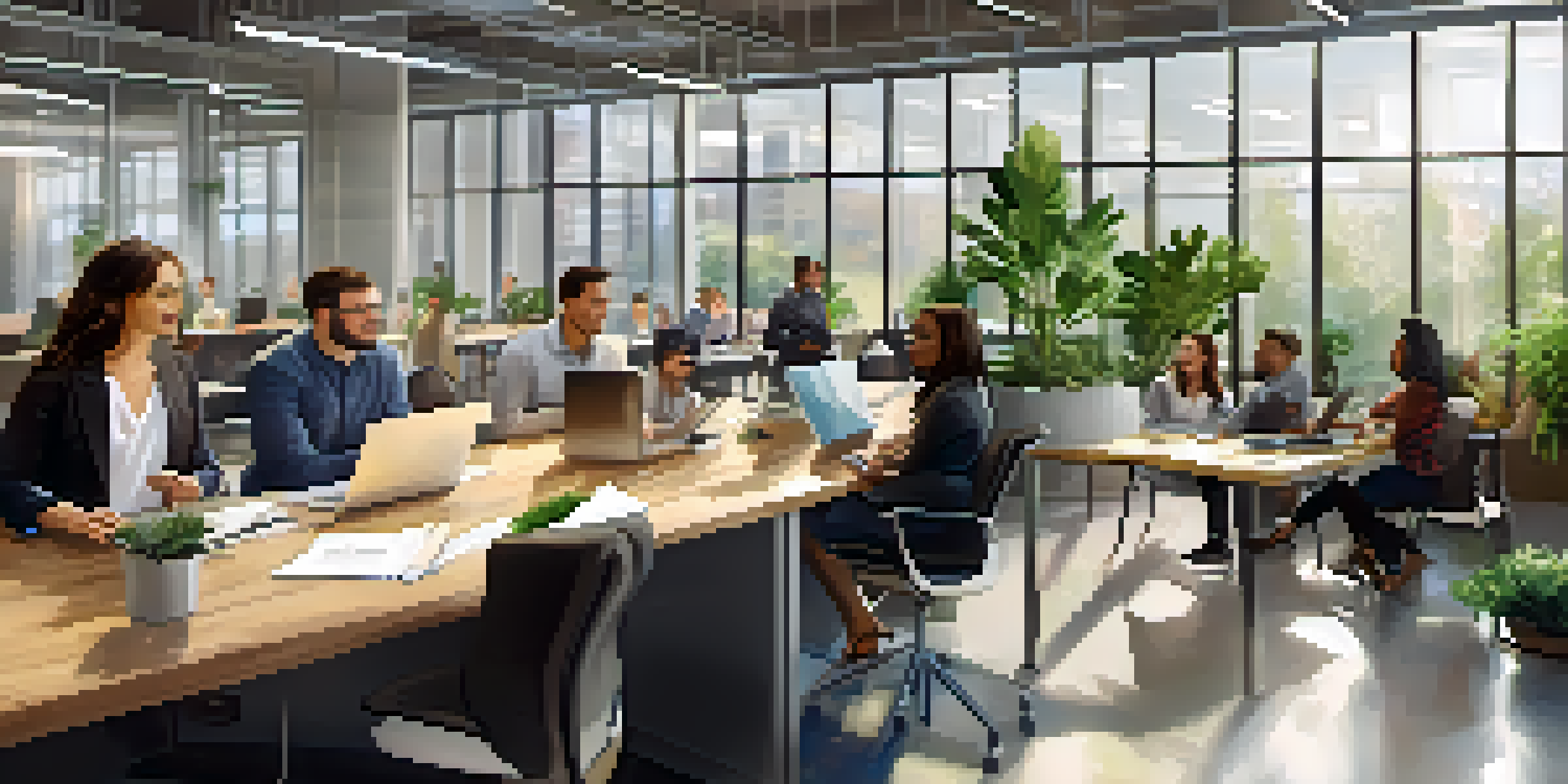 A diverse group of employees in a modern office engaging in open communication, with bright natural light and a collaborative atmosphere.