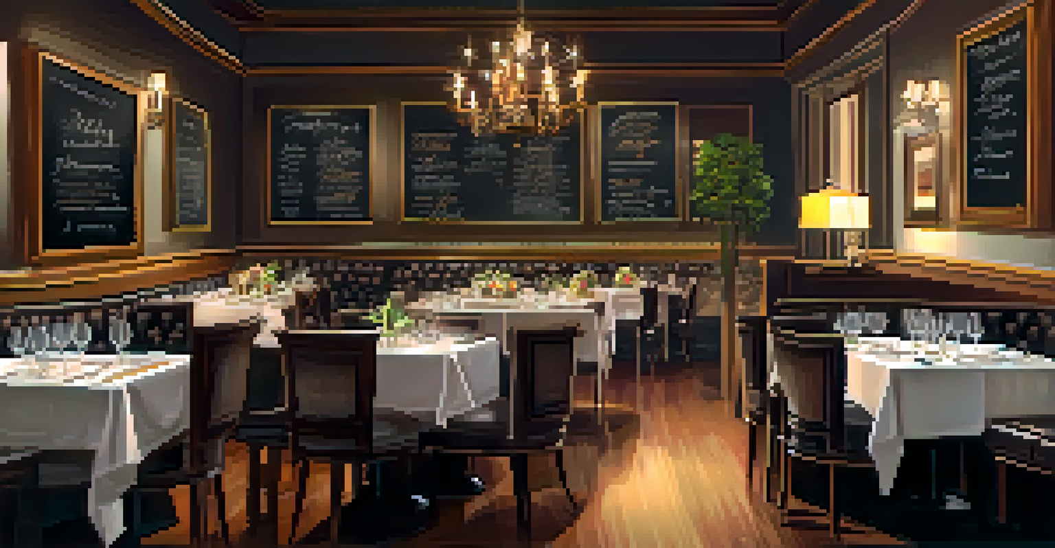 An elegant restaurant interior with candlelit tables and a cozy atmosphere, showcasing a chalkboard menu of seasonal dishes.