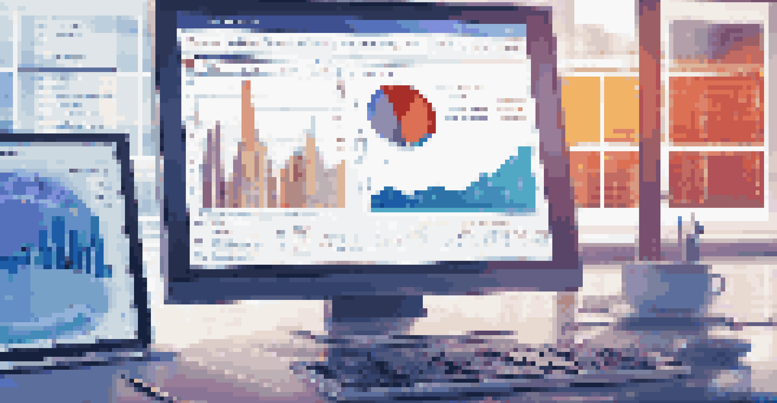 A close-up view of a computer screen showing advanced financial forecasting software with colorful data visualizations, set against a blurred office background.