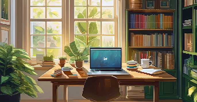 A well-organized workspace featuring a wooden desk with a laptop, notepad, and coffee cup, illuminated by sunlight.