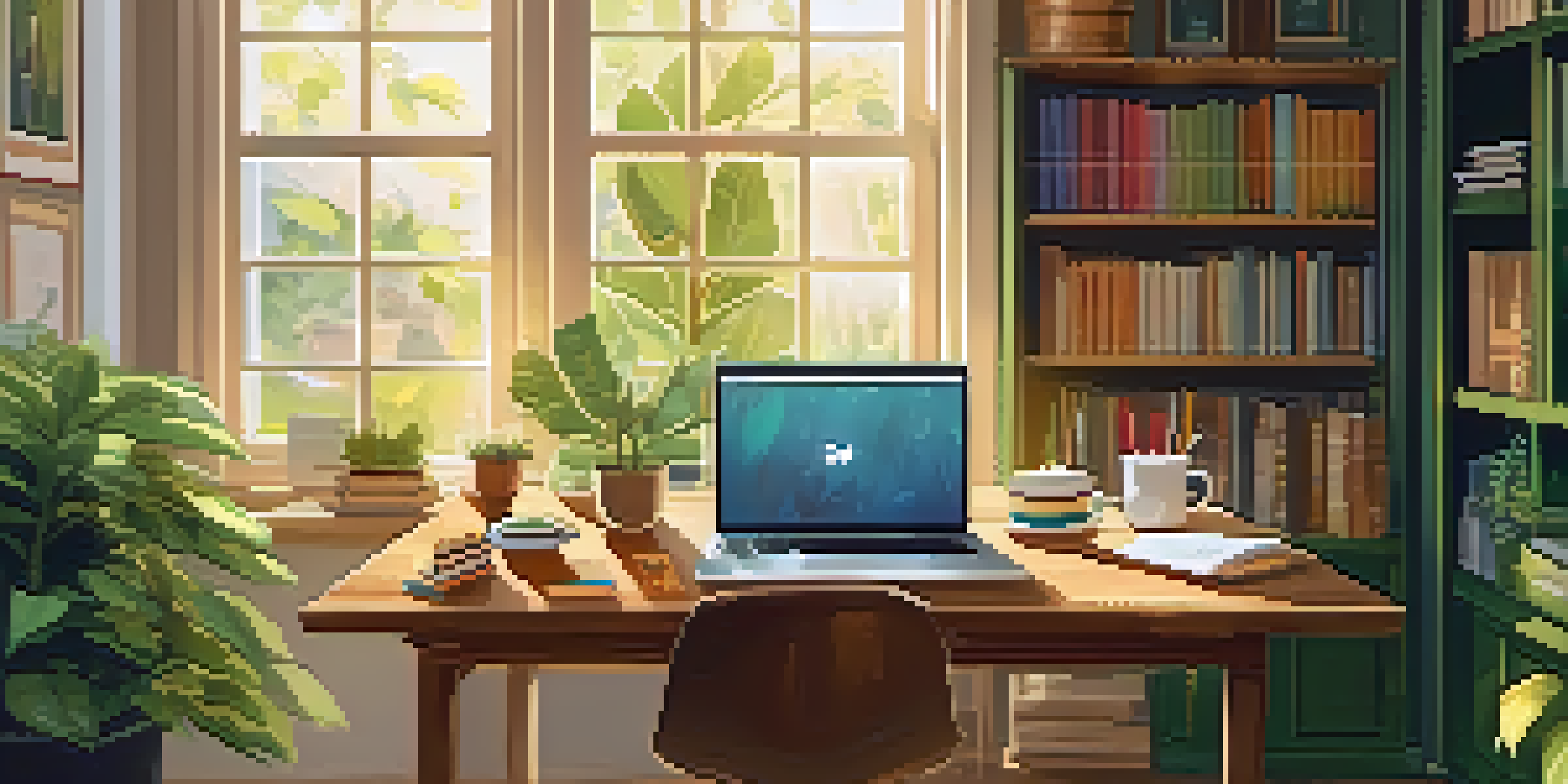 A well-organized workspace featuring a wooden desk with a laptop, notepad, and coffee cup, illuminated by sunlight.