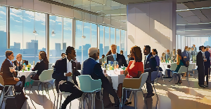 A vibrant networking event with diverse professionals conversing in a modern hall filled with natural light.