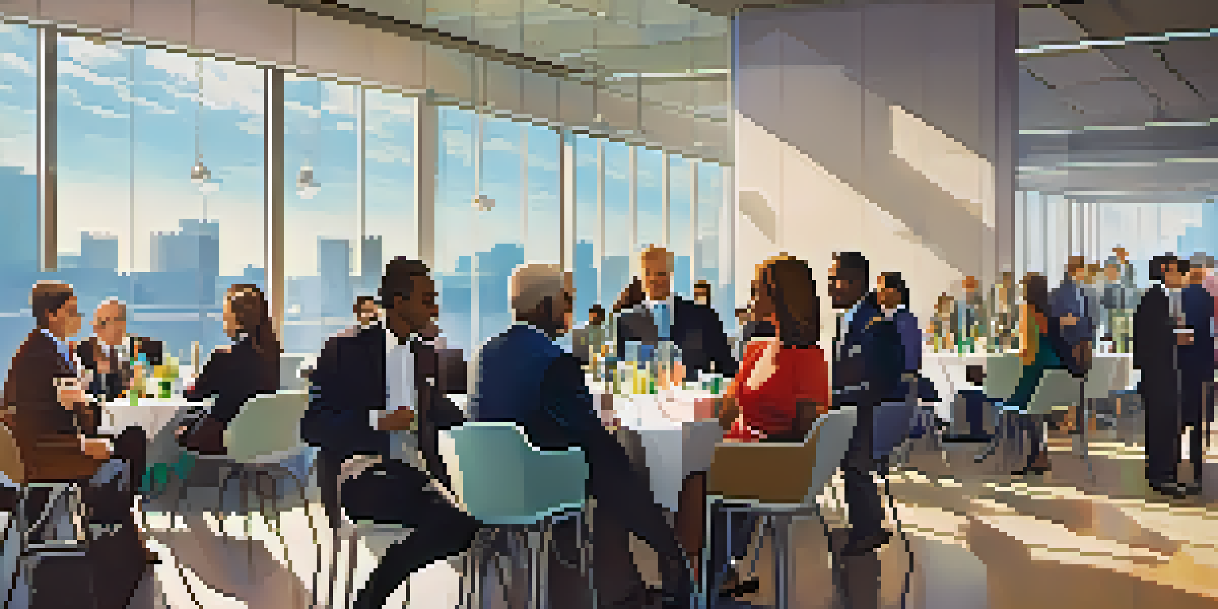A vibrant networking event with diverse professionals conversing in a modern hall filled with natural light.