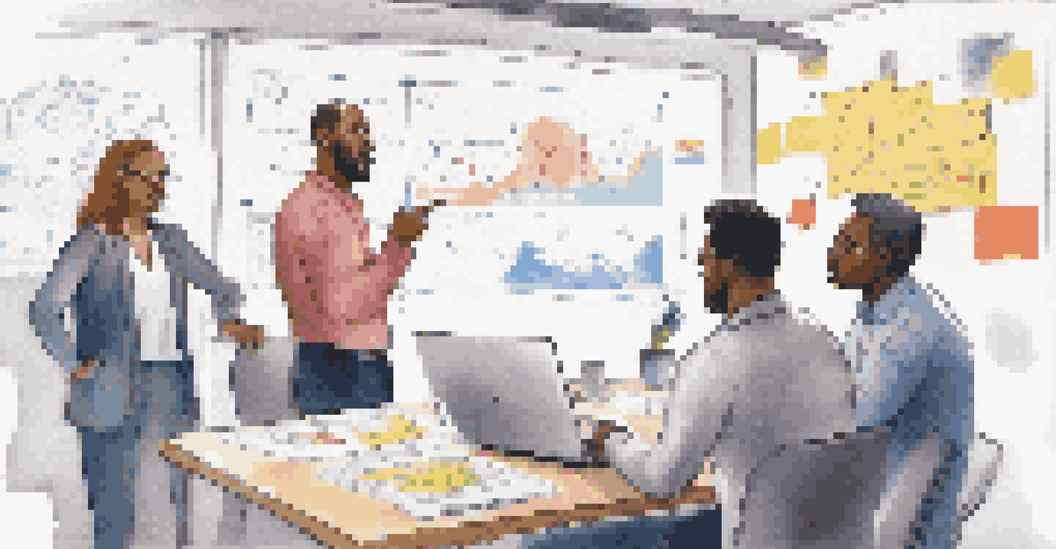A diverse team engaged in a brainstorming session with a leader at a table covered with sticky notes and laptops.
