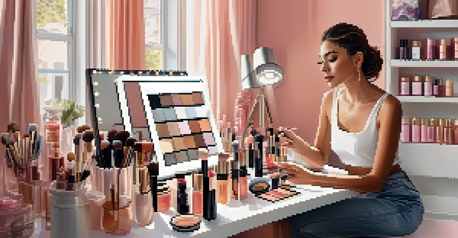 Beauty influencer applying makeup in a bright room, surrounded by beauty products, with natural light illuminating the scene.