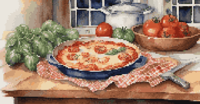A warm kitchen filled with fresh ingredients for making lasagna, featuring a bubbling pot, a cutting board with a knife, and a serving of lasagna on a colorful plate.
