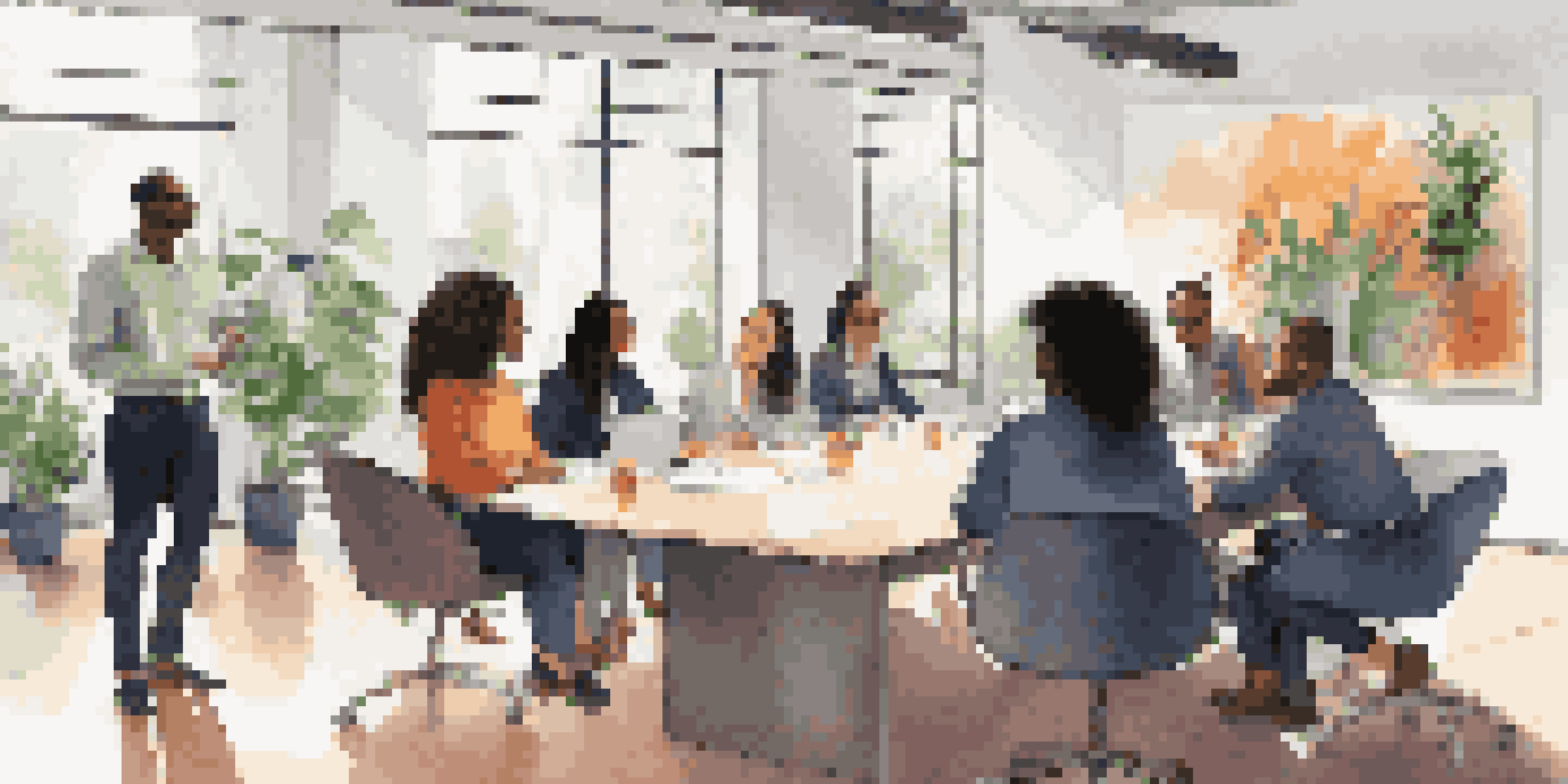A diverse group of professionals sitting around a conference table, discussing ideas in a bright and modern office setting.