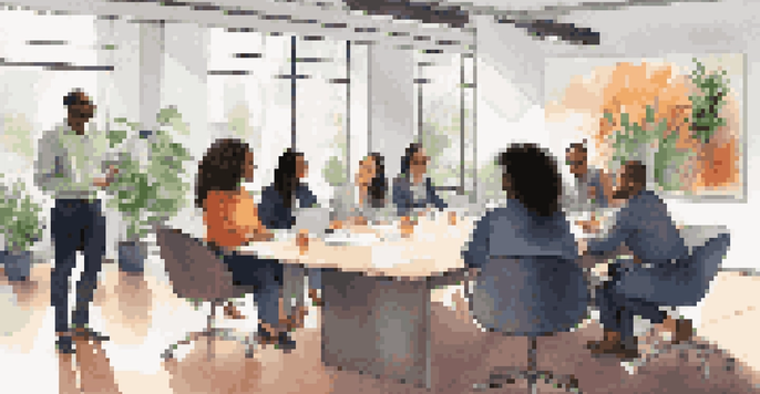 A diverse group of professionals sitting around a conference table, discussing ideas in a bright and modern office setting.