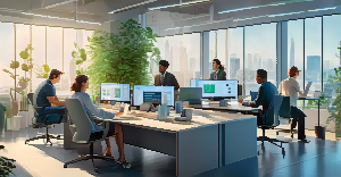 A bright and modern office with employees collaborating using laptops and digital screens, surrounded by plants and natural light.