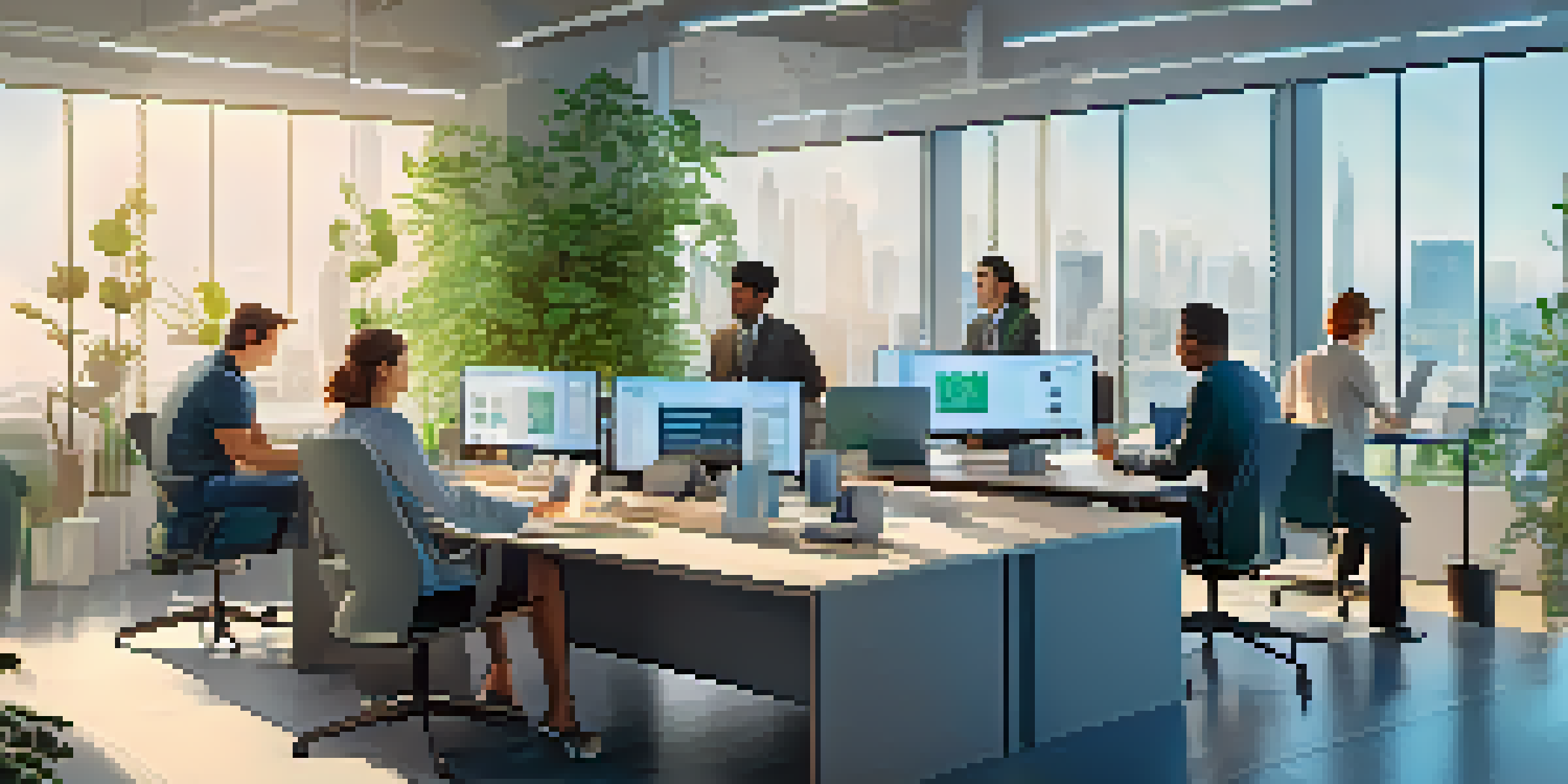A bright and modern office with employees collaborating using laptops and digital screens, surrounded by plants and natural light.