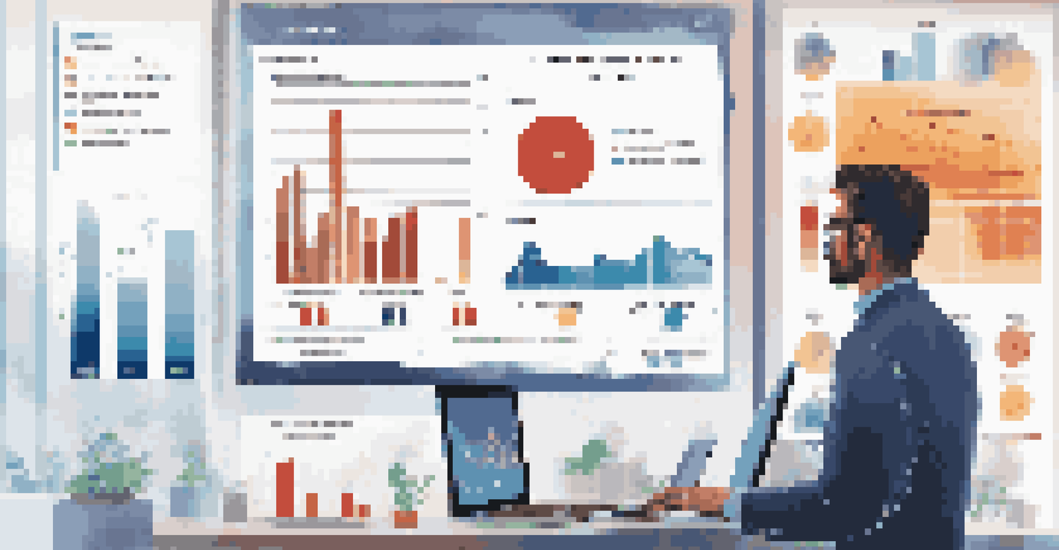 An infographic showing retail data analytics with charts and graphs in a modern office setting, a person reviewing the information.