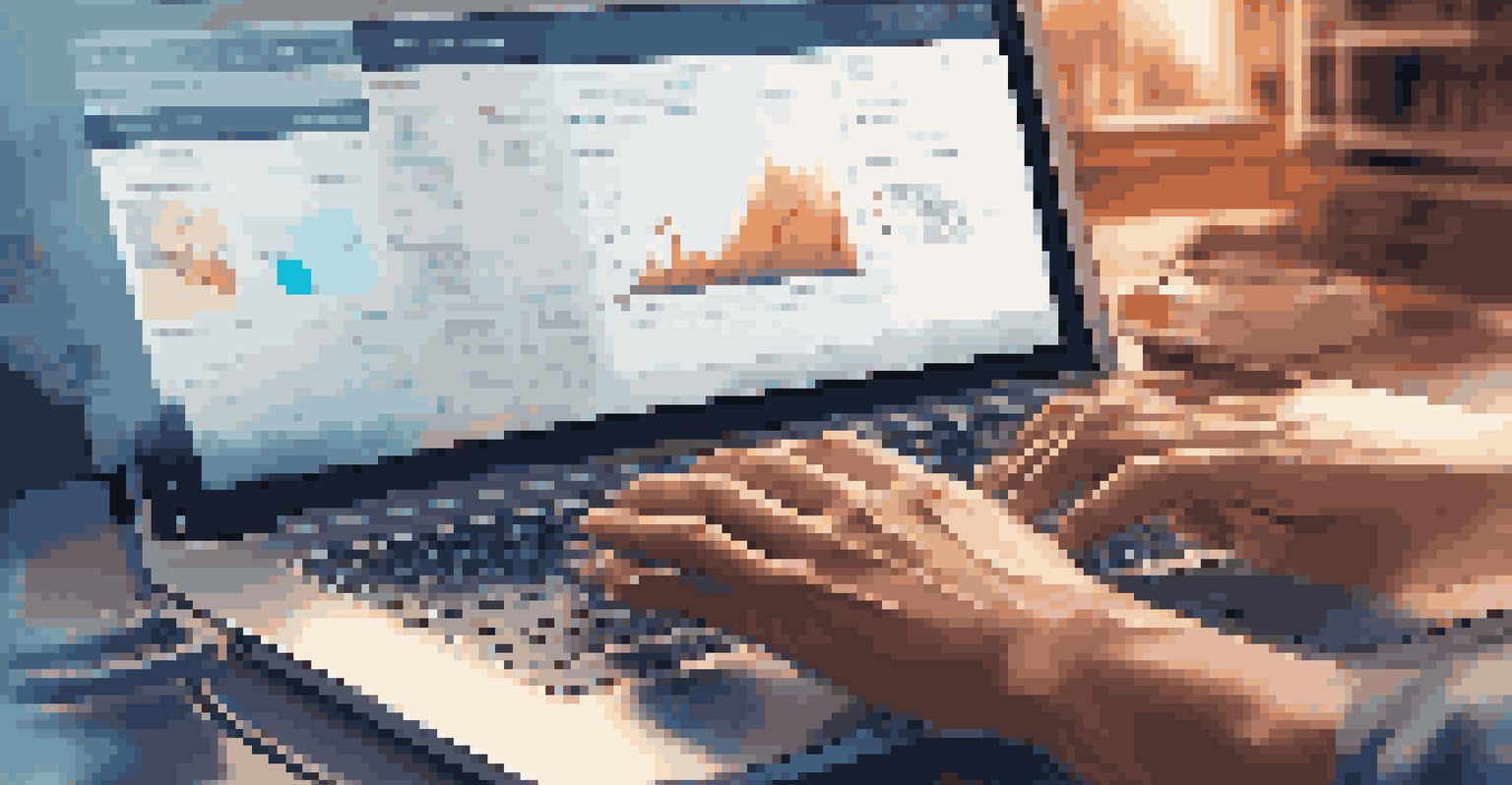 Close-up of hands on a laptop keyboard with a digital interface showing automation workflows.