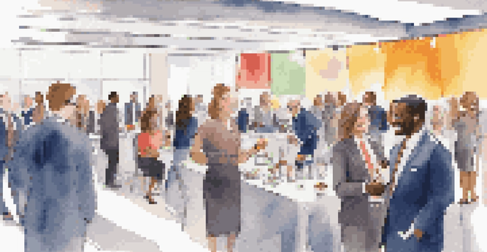 A vibrant conference hall filled with diverse professionals networking and exchanging business cards.