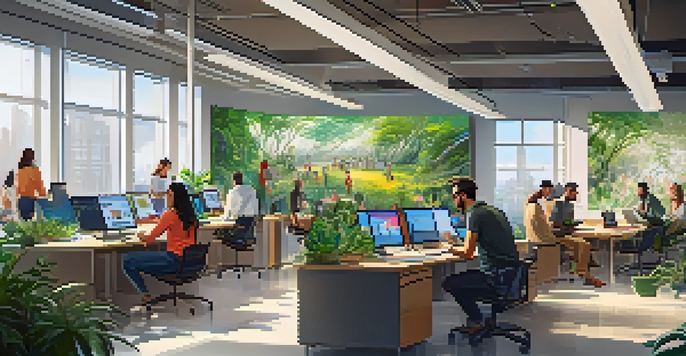 A modern office filled with diverse employees working together on innovative projects, with bright light and colorful decor.
