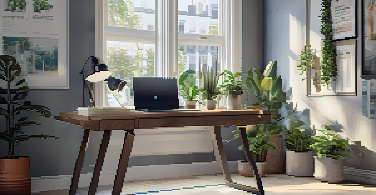 A contemporary workspace with a laptop, plants, and motivational quotes, filled with natural light.
