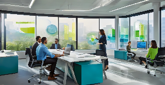 A modern office with diverse professionals analyzing data on digital screens in a bright environment.