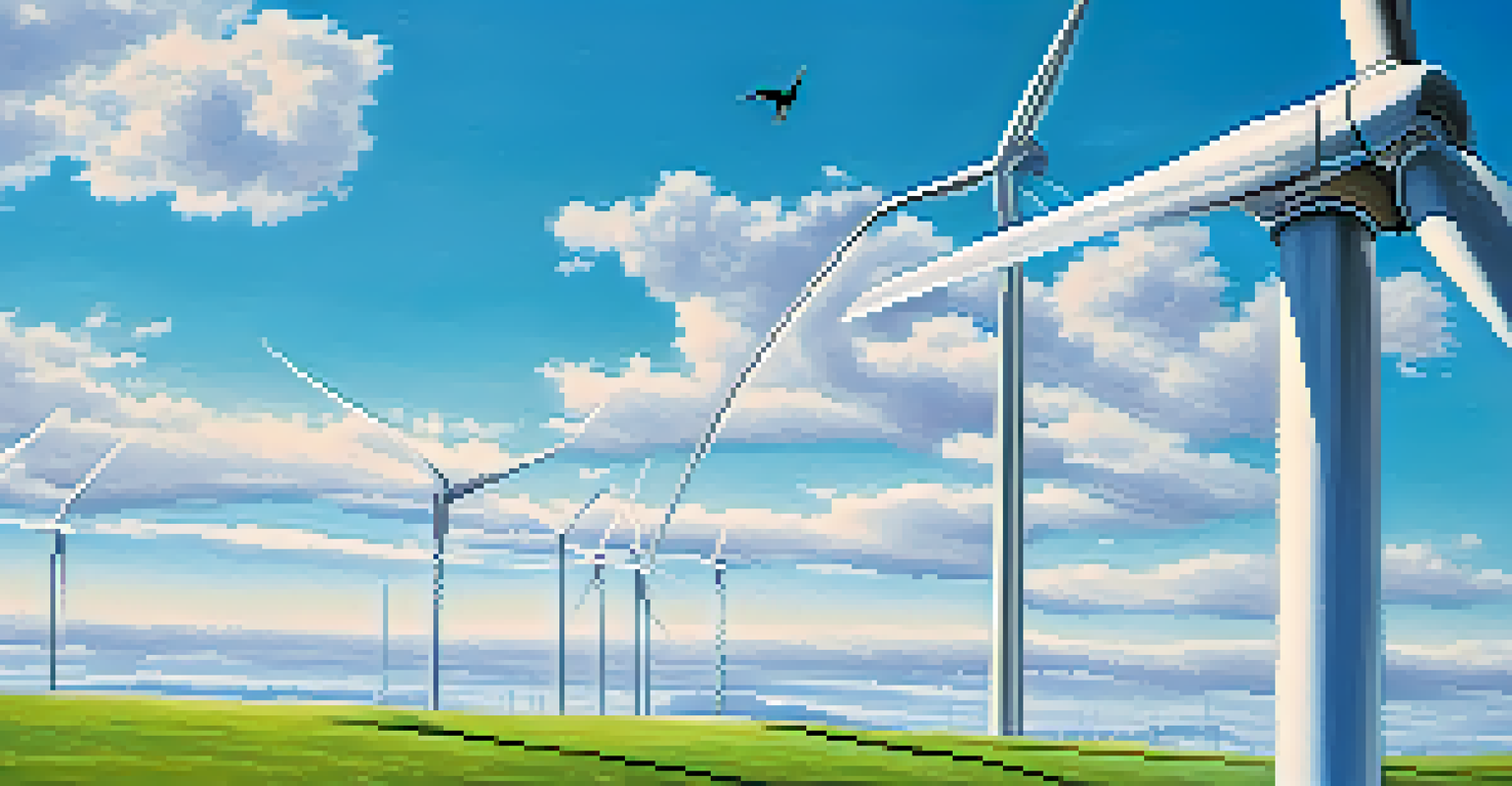 A close-up of a white wind turbine against a clear blue sky with green grass below.