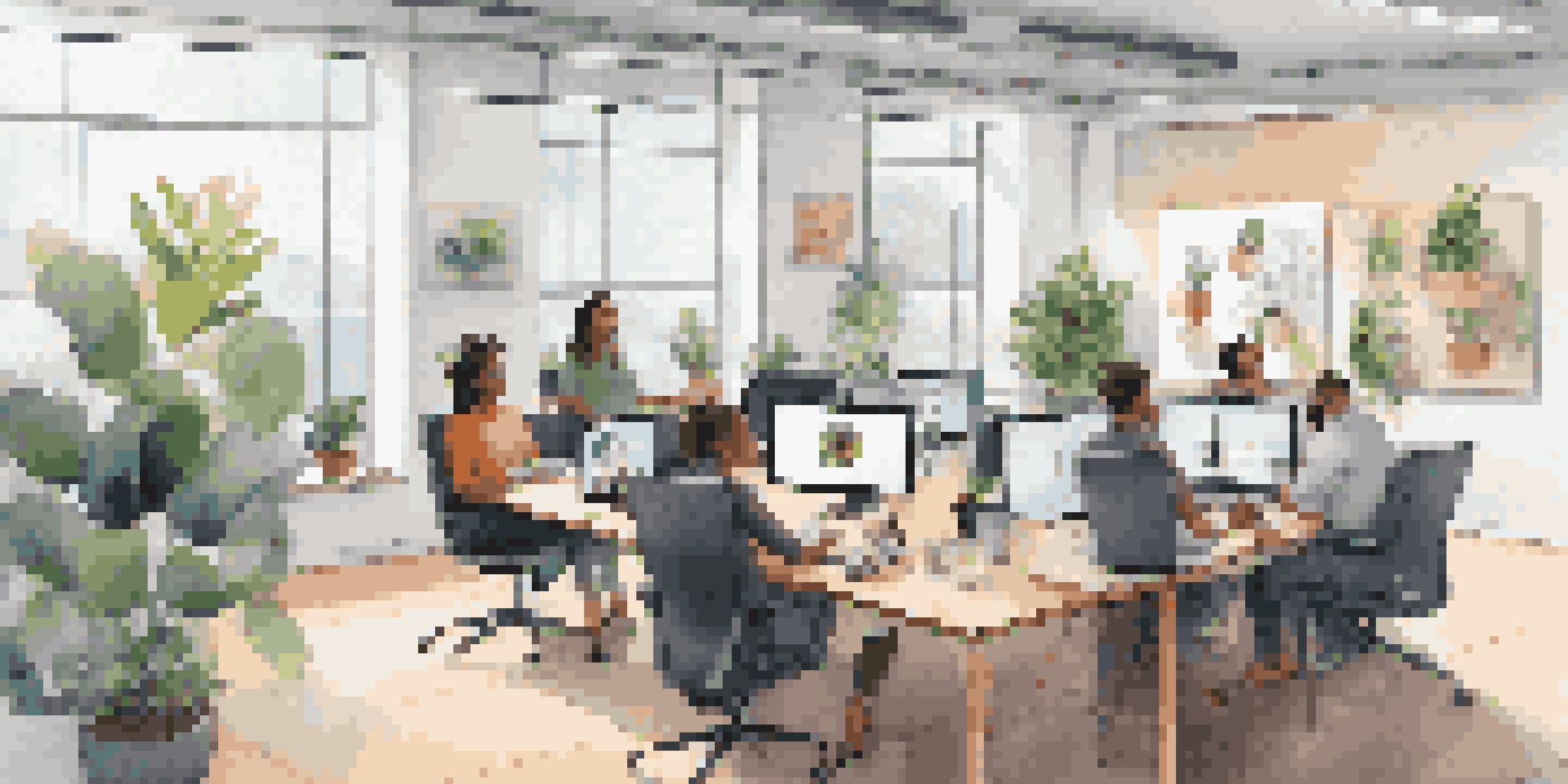 A diverse group of professionals in a bright office participating in a video conference, with laptops and coffee cups on the table.