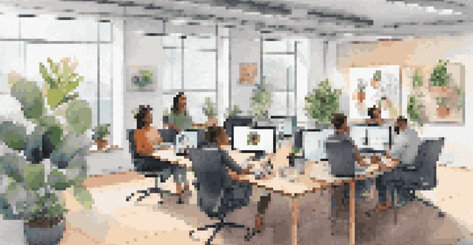 A diverse group of professionals in a bright office participating in a video conference, with laptops and coffee cups on the table.