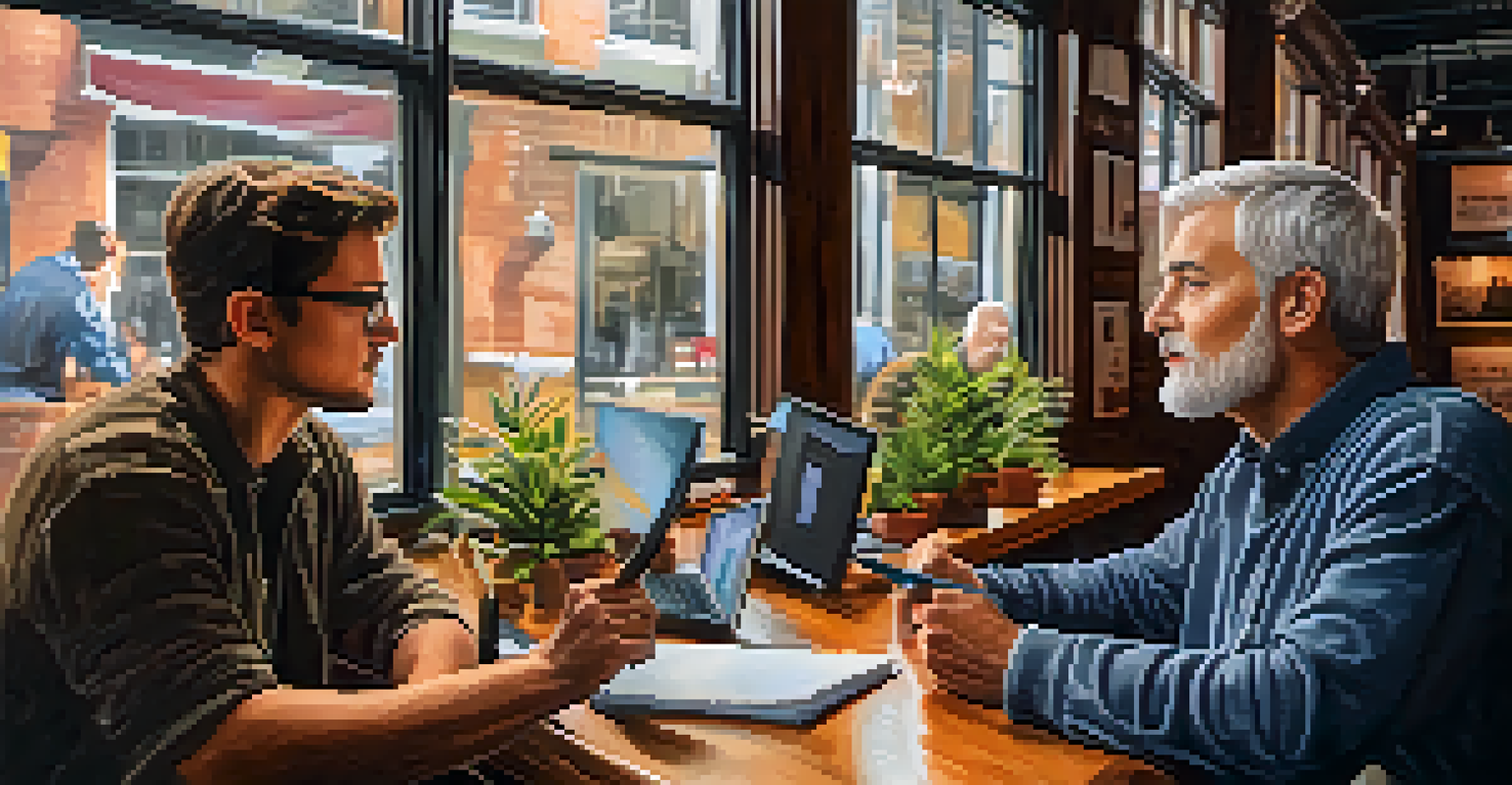A mentor and a startup founder discussing ideas in a cozy coffee shop, with coffee cups and laptops around them.