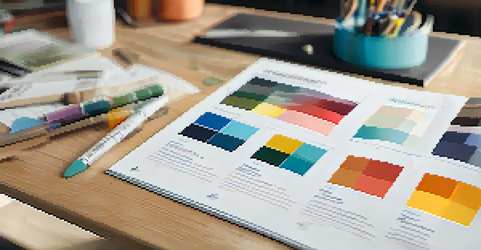 A close-up of an open brand style guide displaying colors and logos on a desk.