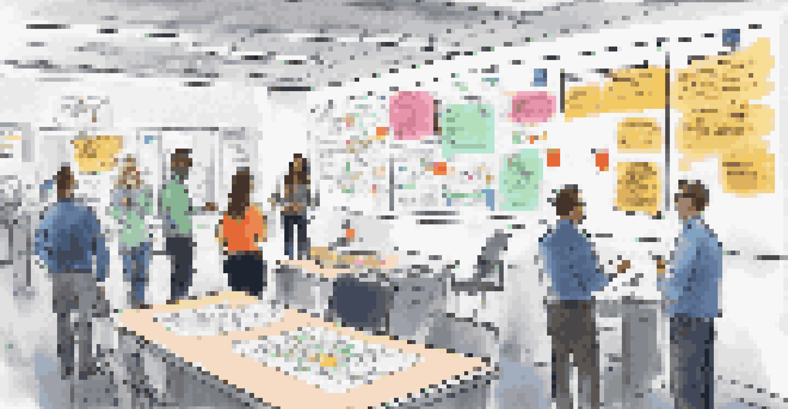 A whiteboard filled with business continuity plans, while employees practice a mock emergency drill in a vibrant office setting.