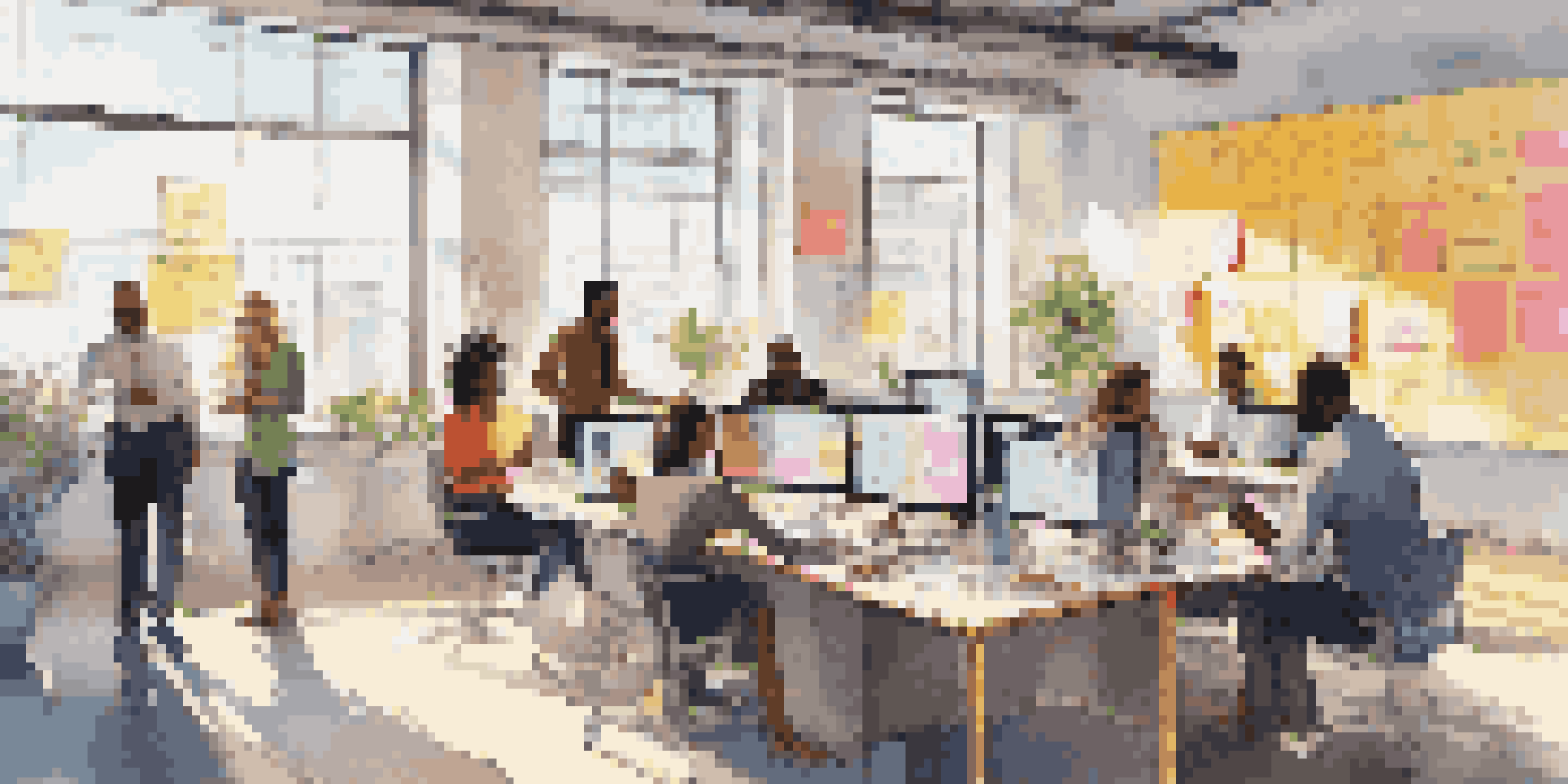 A diverse group of professionals collaborating in a bright office space, surrounded by colorful notes and sketches, showcasing a culture of innovation.
