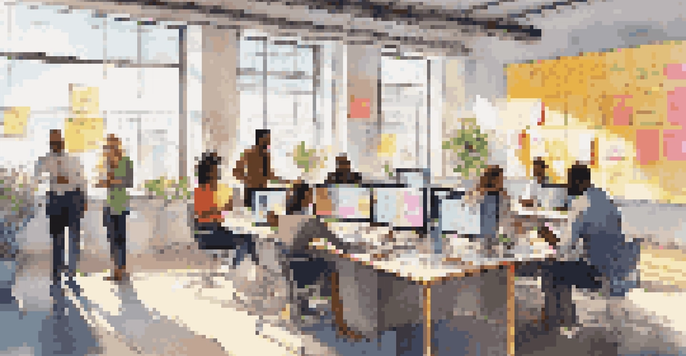 A diverse group of professionals collaborating in a bright office space, surrounded by colorful notes and sketches, showcasing a culture of innovation.