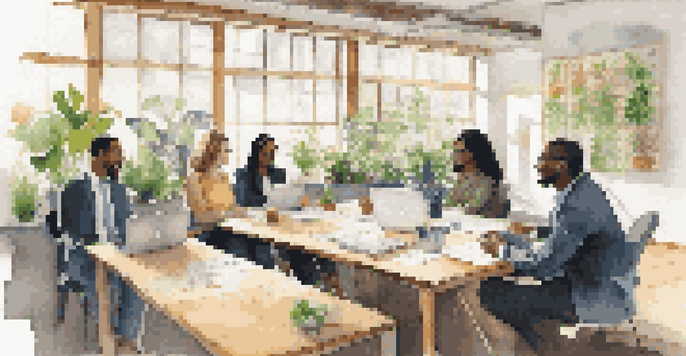 A diverse group of leaders having a collaborative discussion in a bright office with natural light and plants.