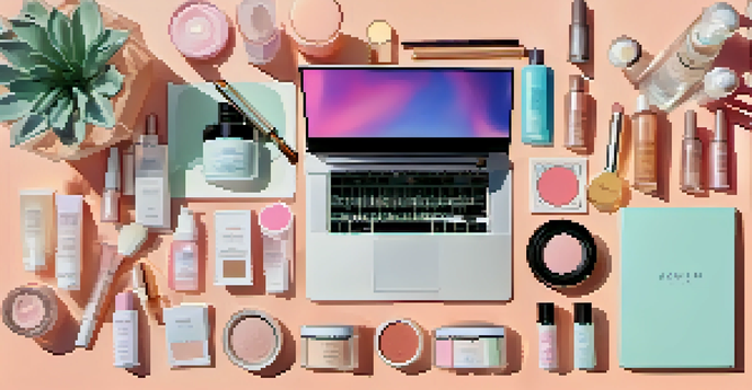 A beauty influencer's workspace with cosmetics and skincare products arranged in a colorful flat lay, illuminated by natural light.