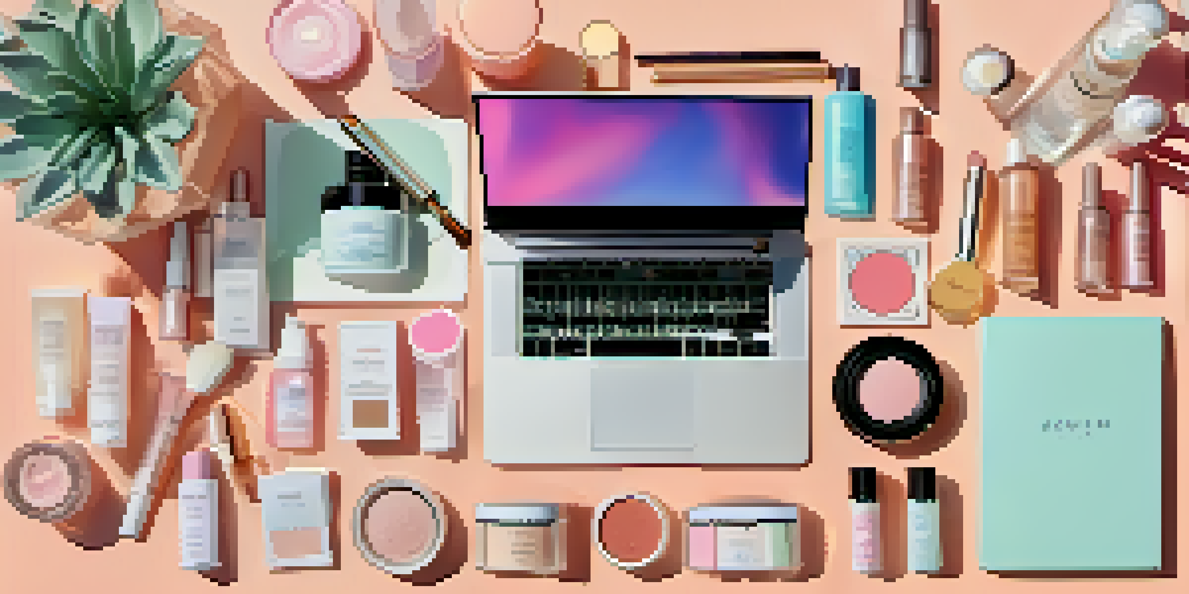 A beauty influencer's workspace with cosmetics and skincare products arranged in a colorful flat lay, illuminated by natural light.