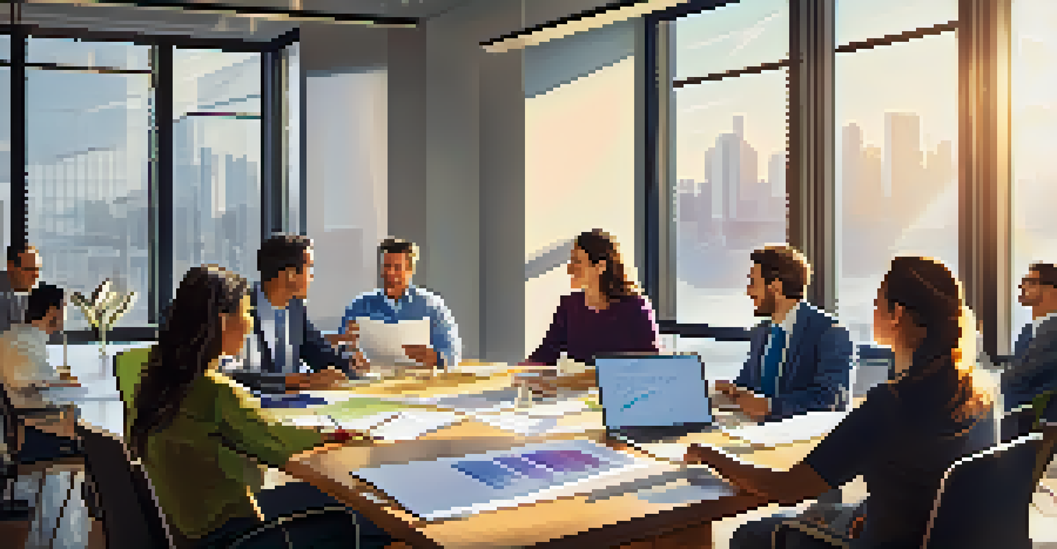 A diverse team gathered in a bright conference room, brainstorming with charts and laptops, illuminated by sunlight from large windows.