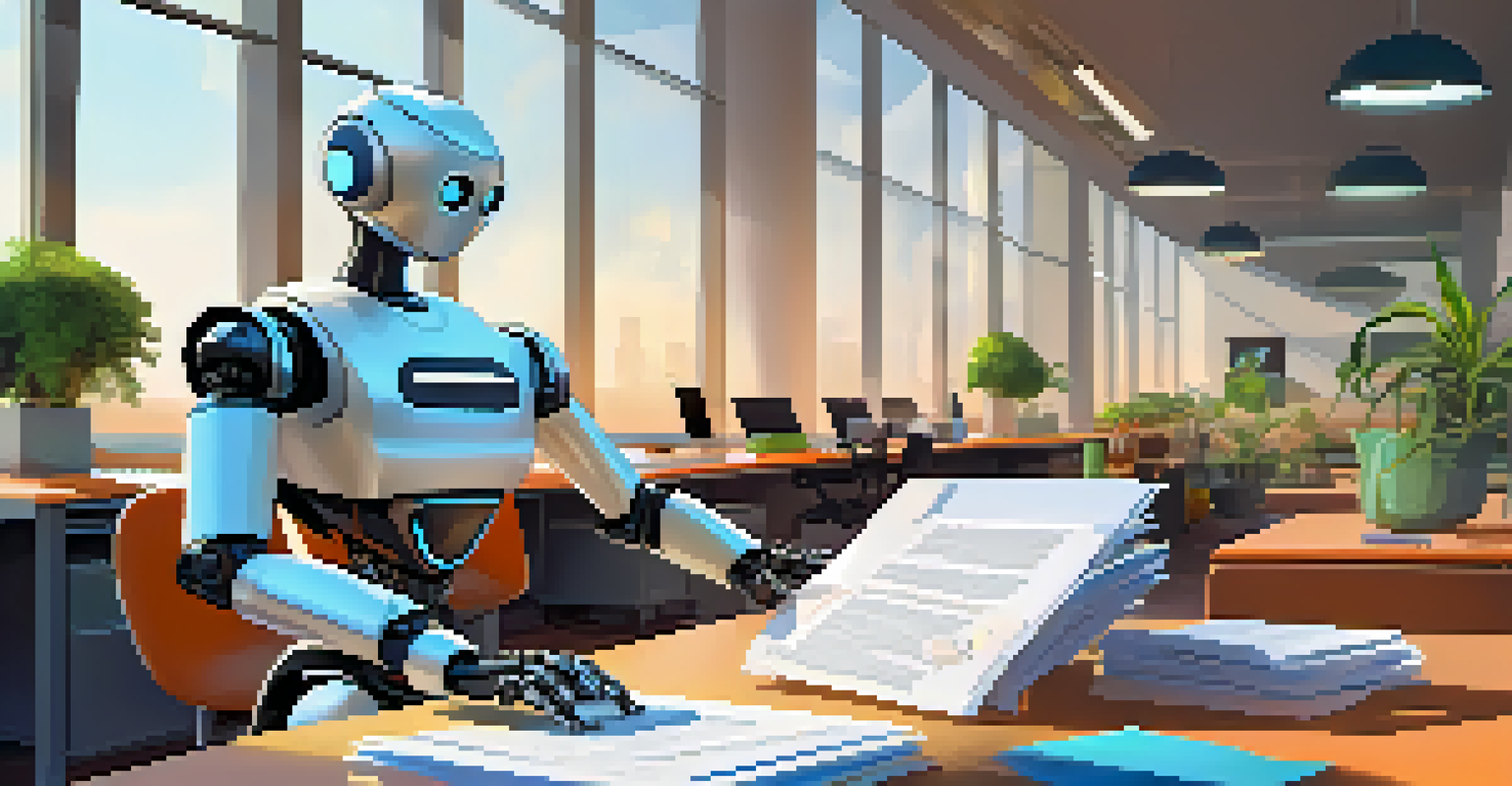 A friendly robot sorting paperwork in a modern office, surrounded by plants and bright colors, with sunlight streaming through the windows.