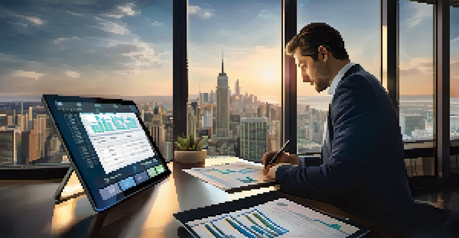 An investor studying financial reports and market trends on a digital tablet in a modern office with a city view.