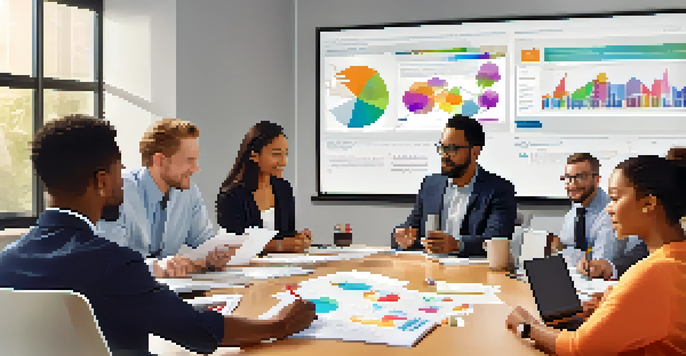 A diverse group of individuals in a meeting, collaborating with notes and digital devices, a whiteboard filled with colorful charts in the background.