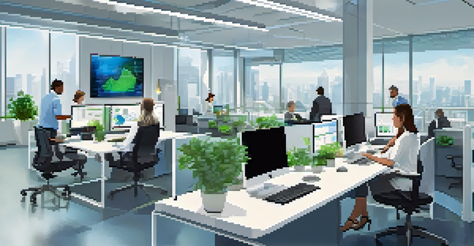 A diverse group of professionals in a modern office collaborating on digital devices, with screens showing automated workflows.