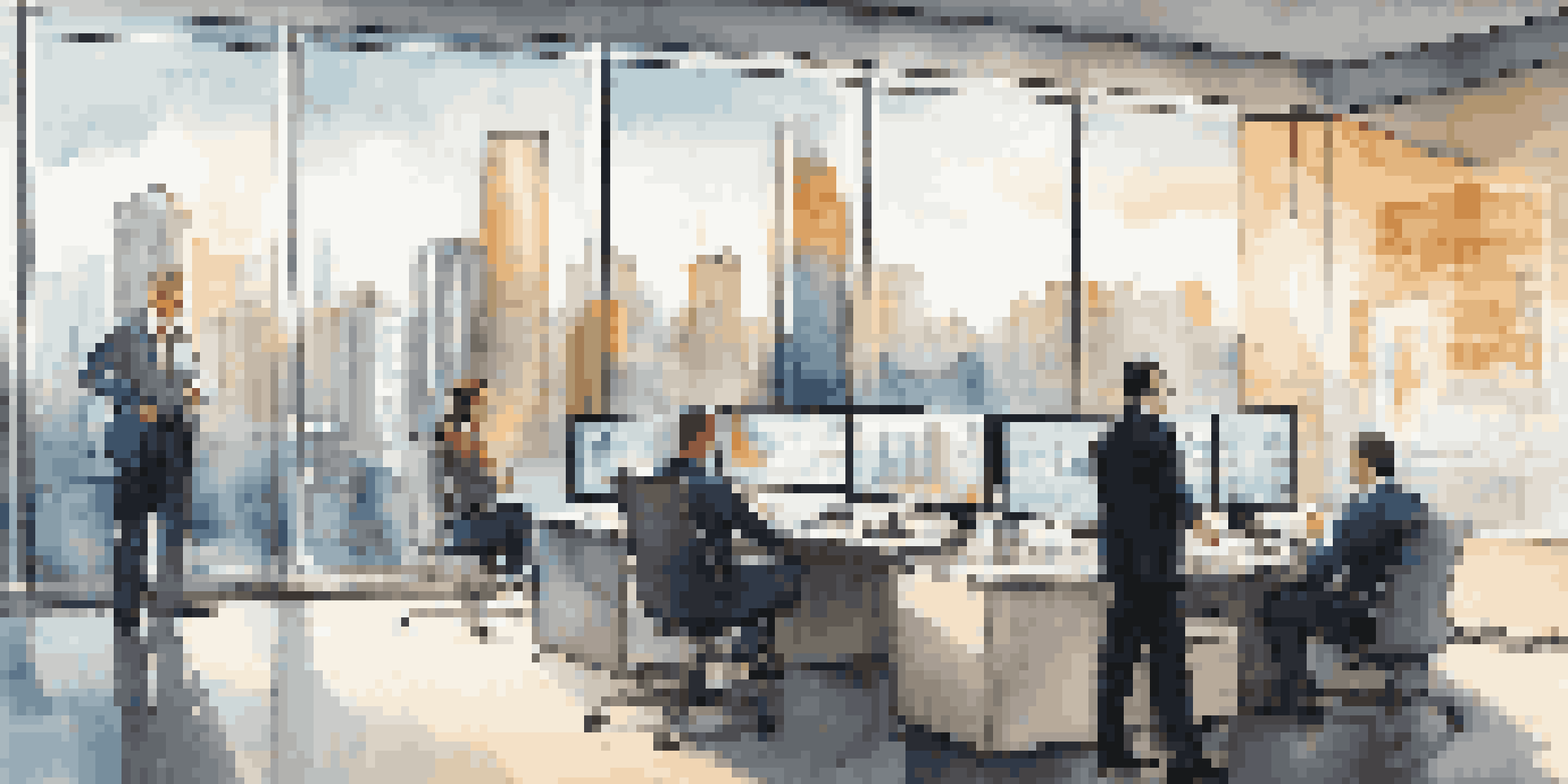 A modern office with financial analysts examining data on large screens, illuminated by natural light, with city views in the background.